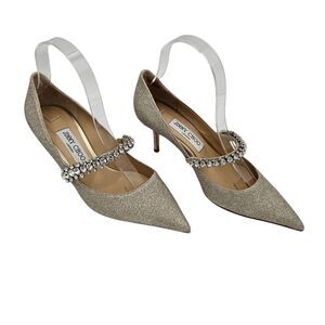 Jimmy Choo Bing Crystal Embellished Mary Jane Pump Size 37 US 7 Silver Glitter